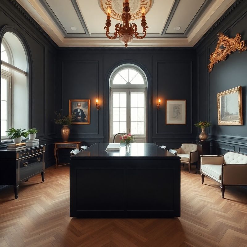 Interiér poradenské kanceláře v teplých charcoal-gold tónech